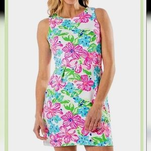 Mahi Gold Callie Dress Happy Hibiscus Tropical Floral Stretch Beachy Spandex LG